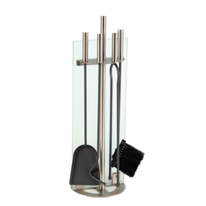 GLASS – Serviteur de cheminée en inox et verre avec 4 accessoires